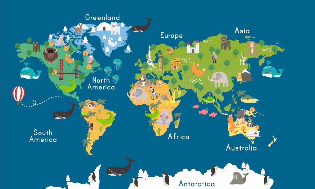 Educational world map wall mural for kids room with animals - Expert Wallpaper Dubai