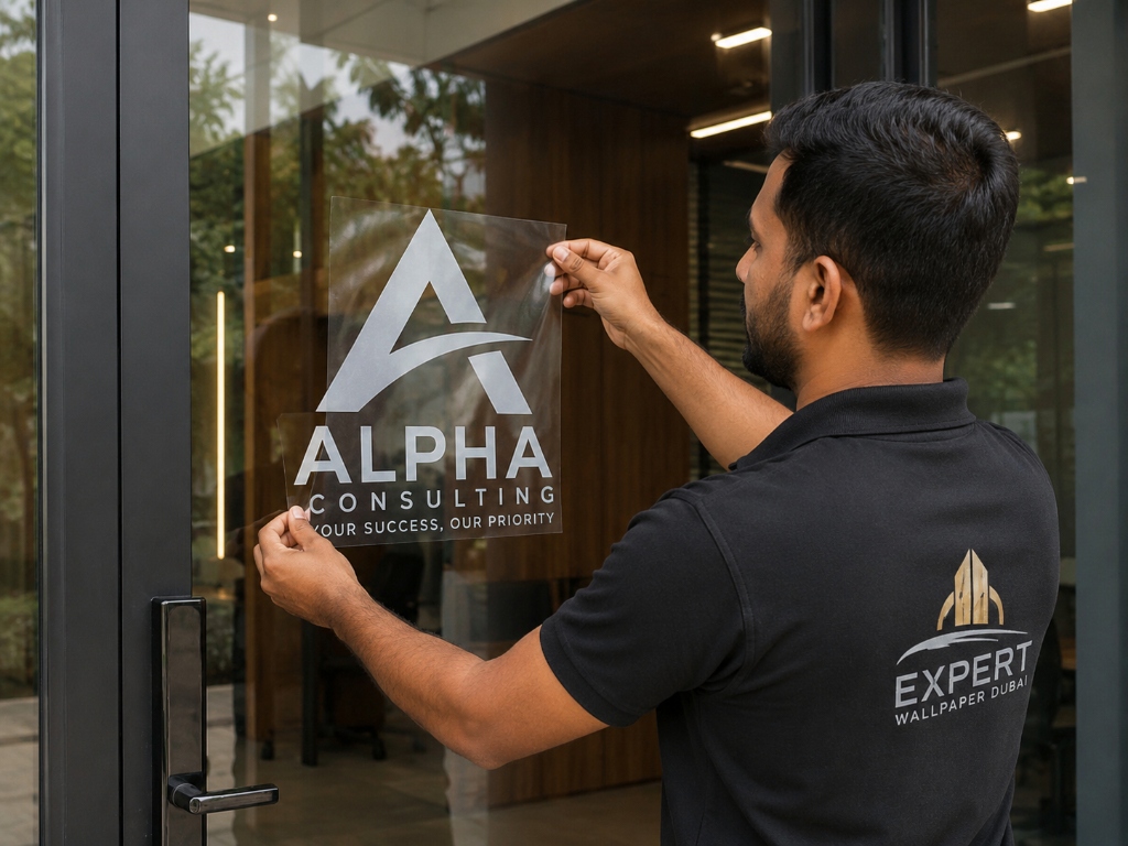 Professional glass logo and sticker installation in Dubai